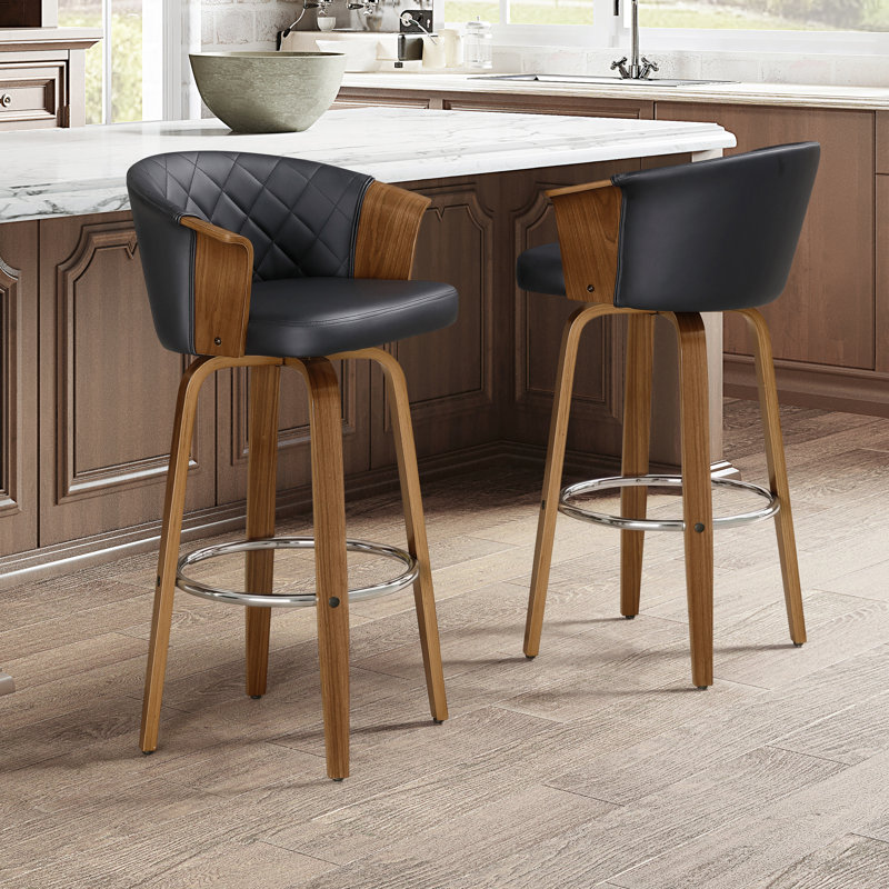 Tabouret de bar rembourré en cuir de polyuréthane pivotant 30,51 po Lesli, Noir / brun