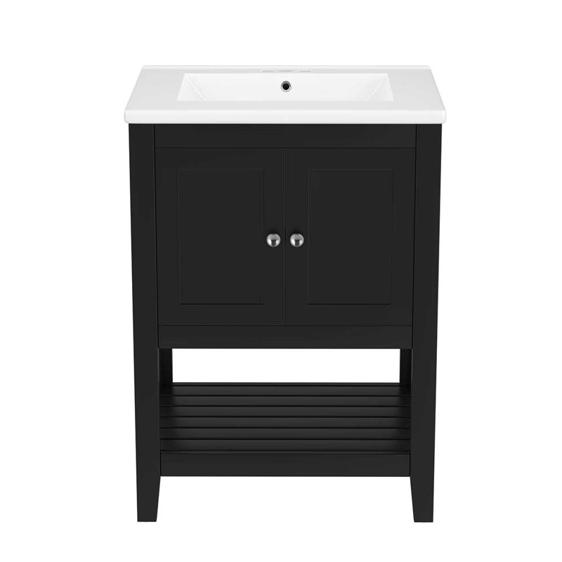 Meuble-lavabo moderne élégant de 24 po avec meuble-lavabo en céramique élégant et tablette ouverte, Noir