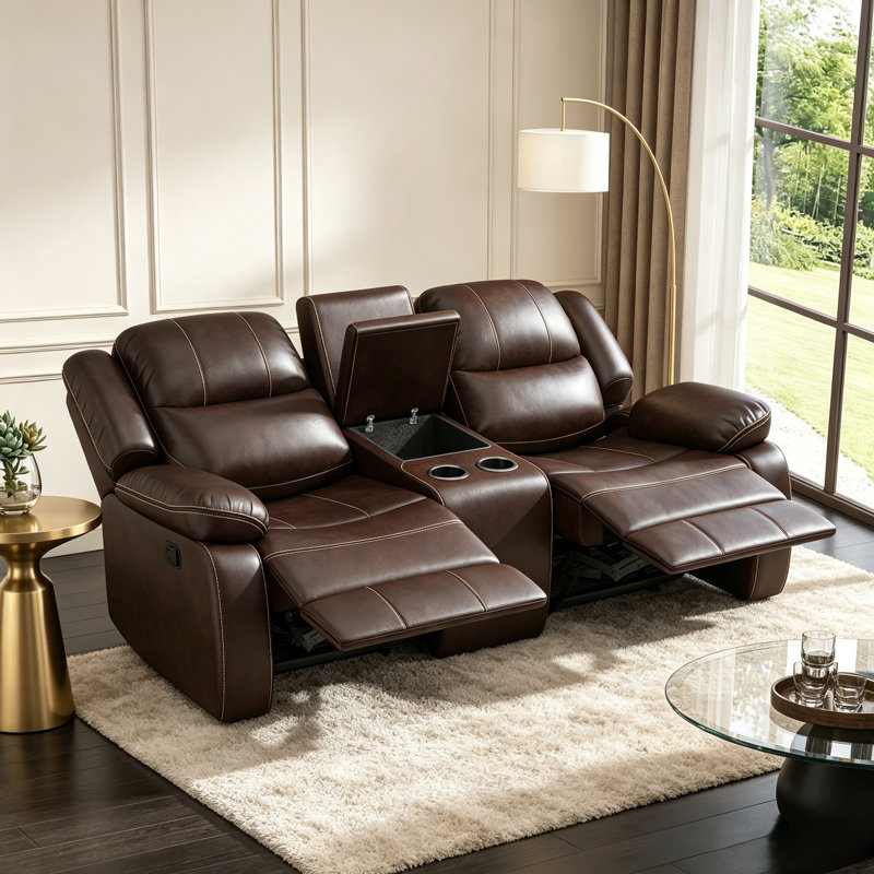 72.8" W Faux Leather Upholstered Reclining Loveseat with Cup Holders , Brown