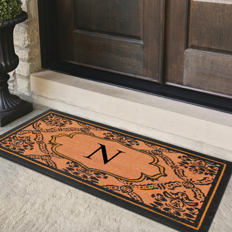Albertina Monogrammed Natural Coir Door Mat – Ornate Scrollwork Design, 30" × 60", Heavy-Duty, Durable & Easy to Clean, N