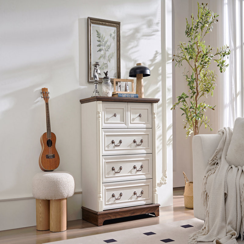 Farmhouse Style 5 Drawer Dresser Chest With Base Wooden Rustic Chest Of Drawers, Storage Dresser Organizer