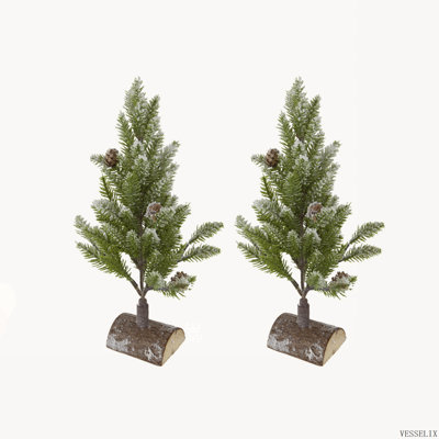 Ensemble de 2 arbres de Noël en PVC sur base en bois avec neige, 13,5 po