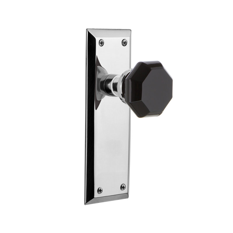 Plaque New York avec bouton de porte Waldorf noir, Chrome brillant