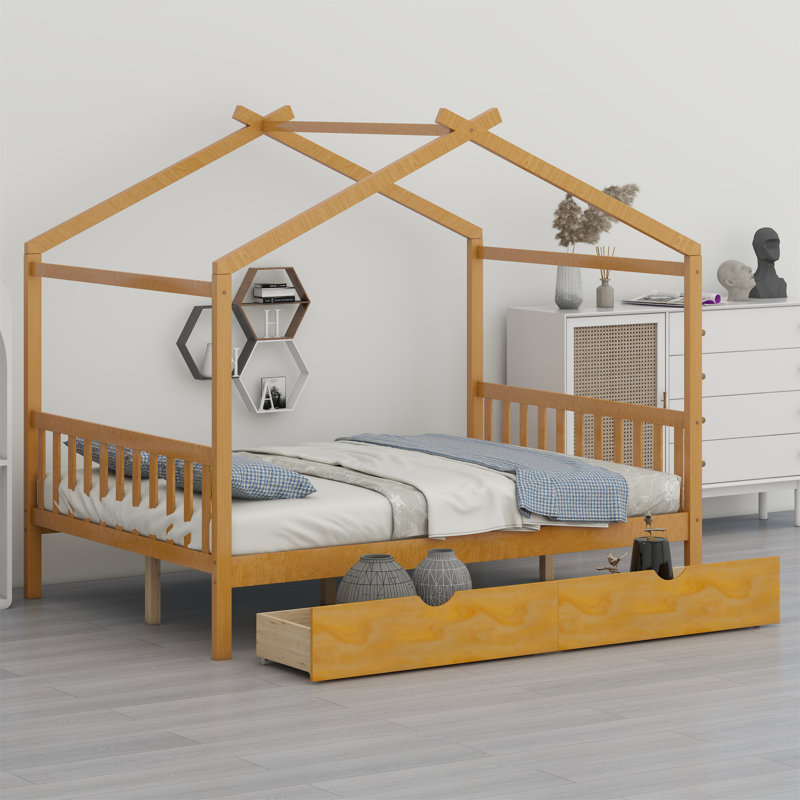 Lit plateforme House avec deux tiroirs, tête et pied de lit, toit, Naturel
