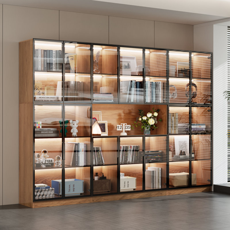 Combination Bookcase With Glass Doors And Led Lights, Brown