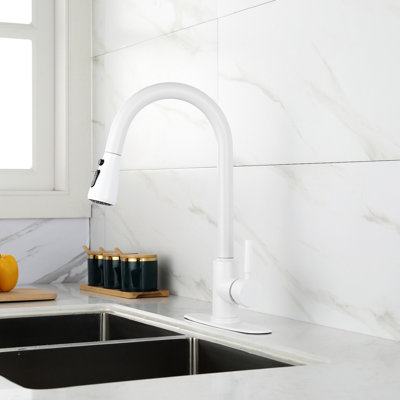 Pull Out Spray Kitchen Faucet - Modern, White, Stainless Steel Installation Made Simple And Happy, Flexible Water Flow Temperature Regulation Options With Pull-Out White Effortless Installation,