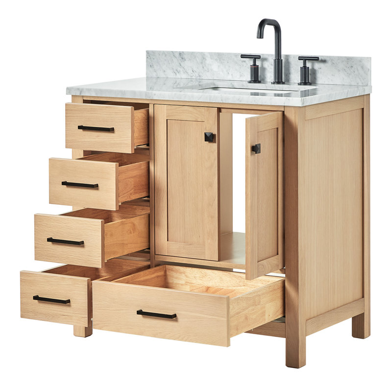 Flynt 37'' Single Bathroom Vanity with Carrara Marble Top, Oak