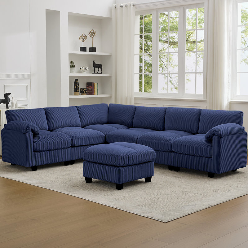Canapé modulaire 7 places avec accoudoirs coussinés 7 places, 6 places + 1 repose-pieds, Bleu