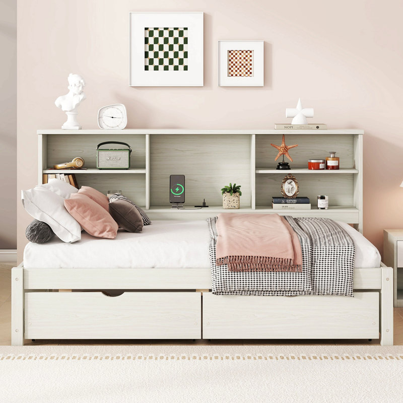 Twin Size Bed Frame With Side Bookshelves, Two Drawers, And Built-In Usb Port, Creamy White
