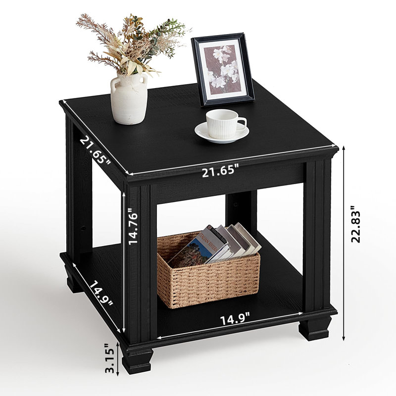 Farmhouse End Table,Large Side Table with 2-Tier Storage Shelf,Rustic Wood End Tables for Living Room,Square Tea Table (Black)