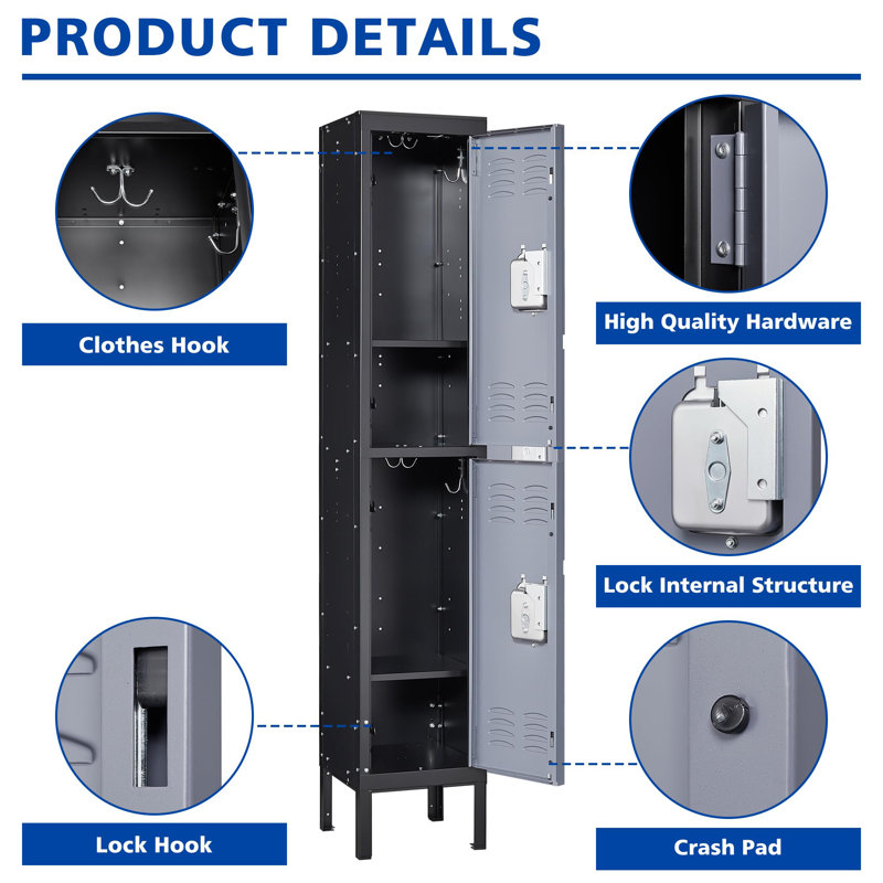 Metal 2 - Tier 12.01'' Gym Locker with Padlock, Black Gray