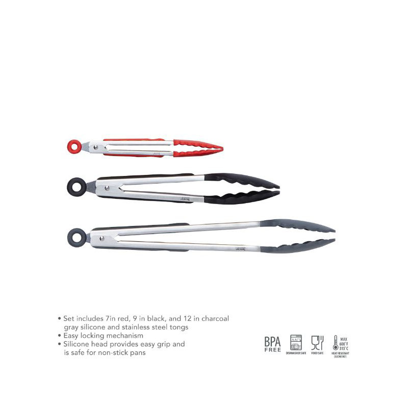 Stainless Steel Silicone Grip Tongs - Set of 3