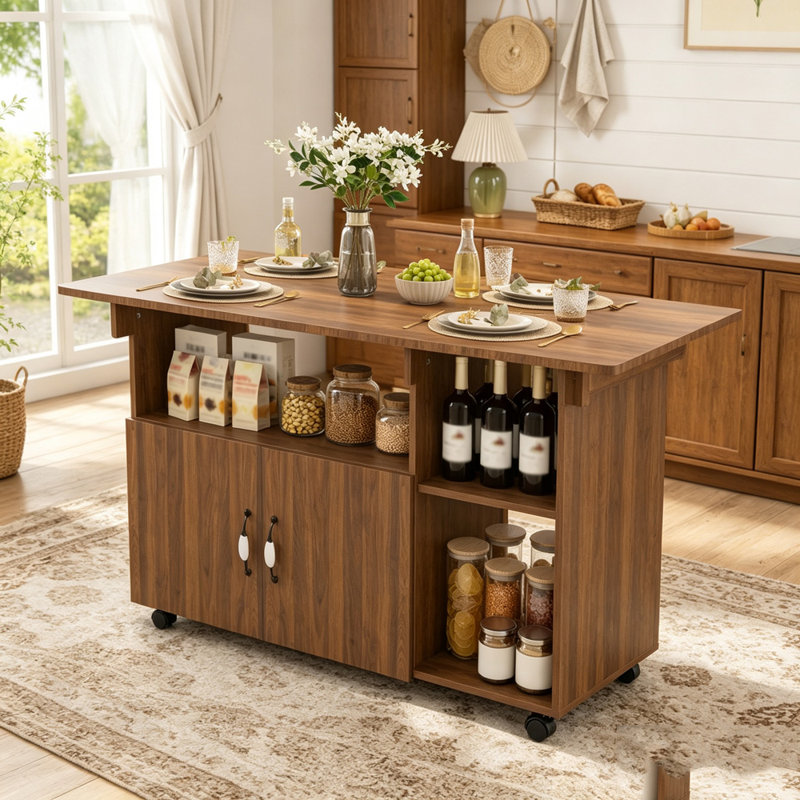 Table pliante de 47 pouces avec tablettes et roulettes de rangement - Conception multifonctionnelle compacte, Walnut