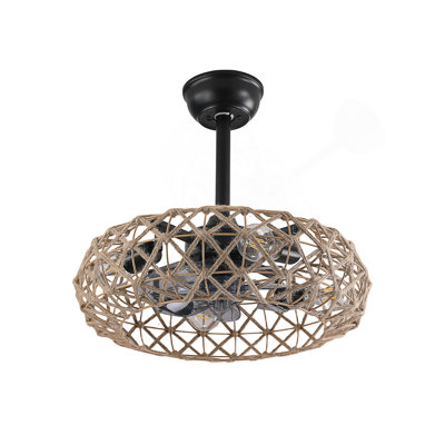 19" Hemp Rope Woven Ceiling Fan, Dimmable, 7 Blades, Reversible DC Motor.
