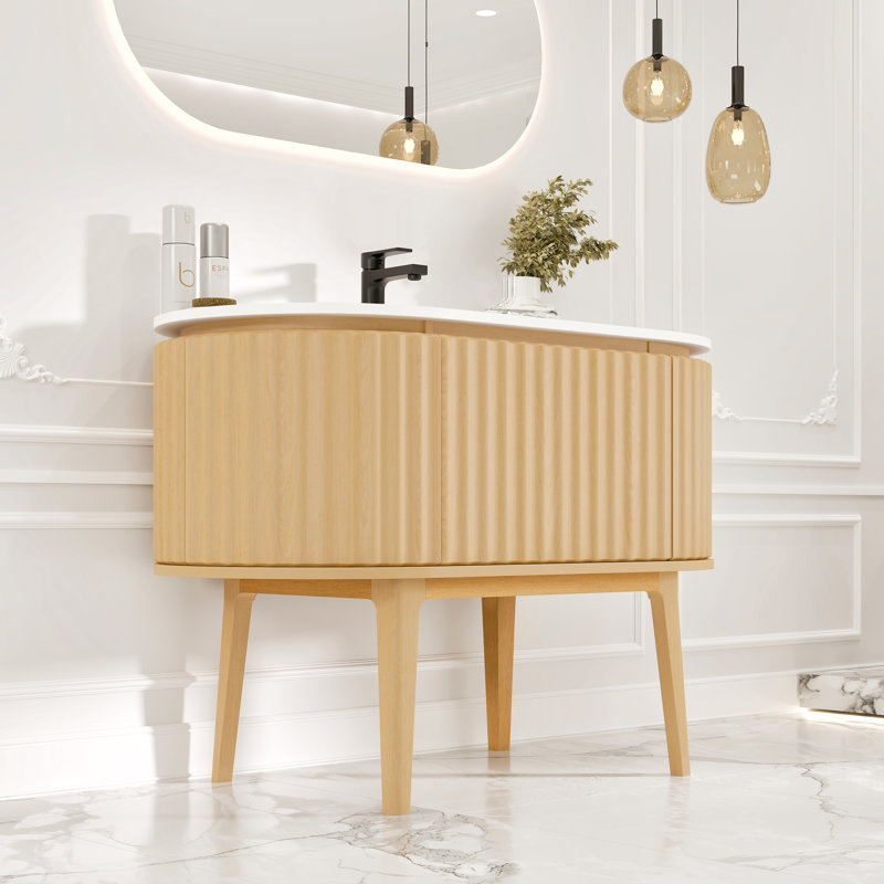 Natural Oak Freestanding Bathroom Vanity with White Solid Surface Top