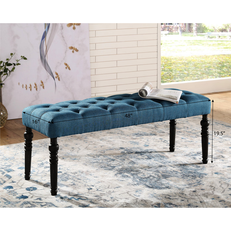 Banc à pieds tournés bleus - structure et siège en bois massif, l 48 po x P 16,5 po, pieds électriques en tissu, l 48 po x P 19,5 po