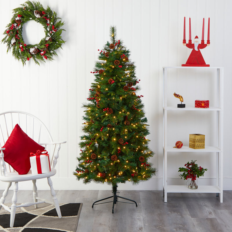 Arbre de Noël artificiel pin vert avec lumières claires/blanches, H 6 pi