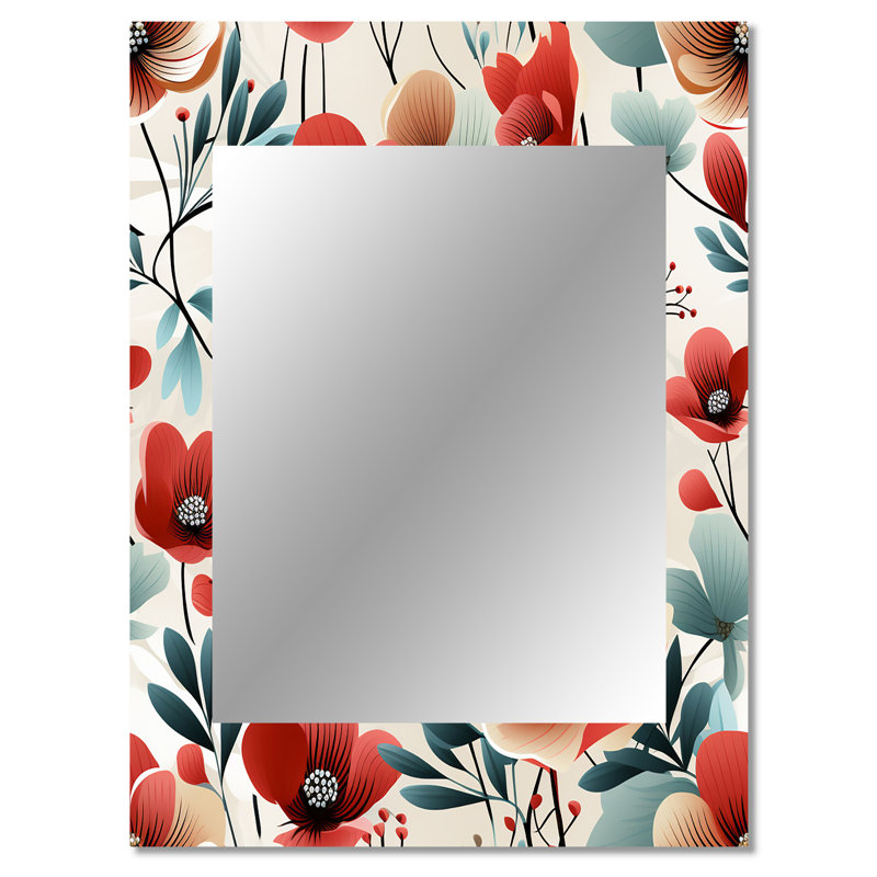 Achraf Blue & Red Coastal Elegance Floral Pattern - Floral Large Wall Mirror, Floral Decorative Mirror, Printed Metal Art