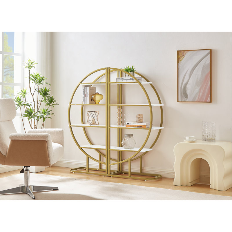 4 Tiers Home Office Open Bookshelf, Round Shape, Different Placement Ways, MDF Board, Gold Metal Frame, White