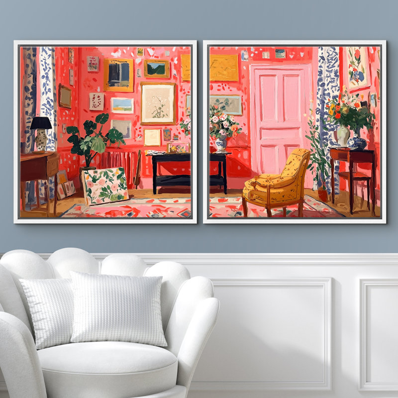«Vibrant Floral Interior Room», ensemble de 2 reproductions d'art mural encadrées, H 24 po x l 24 po, Cadre flottant blanc