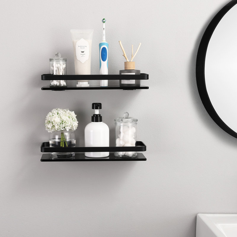 Black Tempered Glass Wall Shelves 2 Pack, Rectangular Aluminum Floating Shelves For Bathrooms