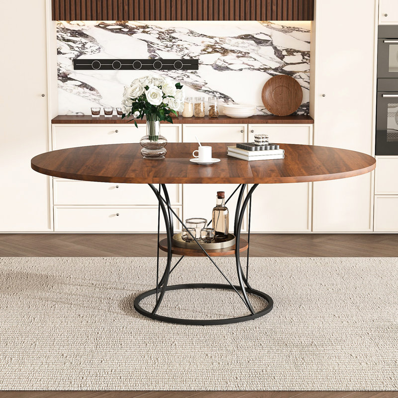 Table de salle à manger ronde extensible 4 à 6 places (110 à 150 cm), placage noyer et métal noir, fermeture à rail, grain naturel, étagère renforcée, chaises non incluses, design scandinave, piètement en métal, résistant aux égratignures