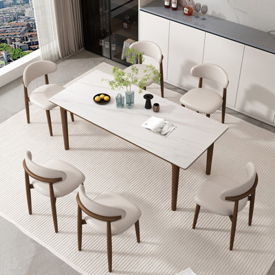 6 - Person White Rectangular Solid Wood Sintered Stone Tabletop Dining Table Set