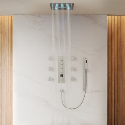 Système de douche thermostatique à DEL de 16 po à montage au plafond avec effet pluie et cascade, 6 jets corporels et douchette à main