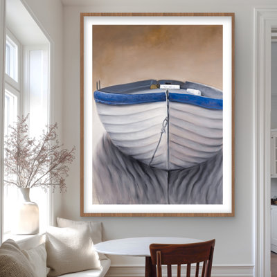 Canot de bateau - reproduction matelassée encadrée beige marine pour la décoration intérieure