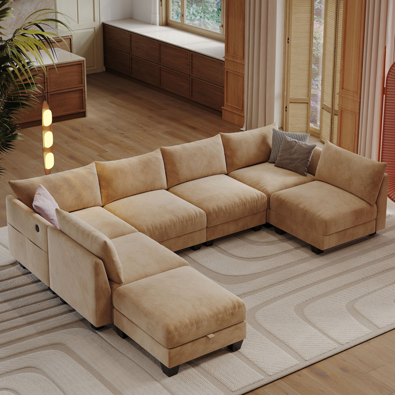 Amold 124'' 6-Seater Sectional Sofa, U-shaped Modular Sofa Cloud Couch, Comfortable Living Room Sofa With Ottoman Storage