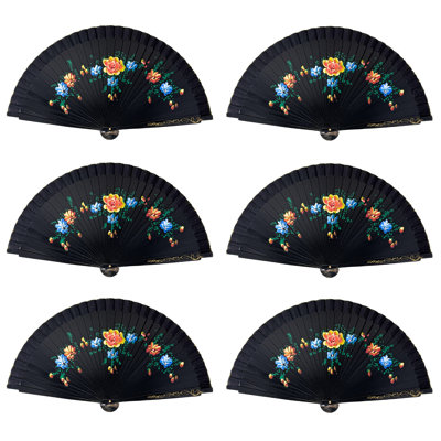 Ensemble de 6 ventilateurs à main en bois à double face de style espagnol avec fleurs peintes - Élégants accessoires de mariage, de fête, de danse et de fête (noir)