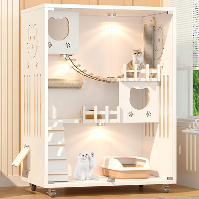 Maison pour chat Fidencio, Villa en bois pour 2 chats, Enceinte blanche avec ventilation, Portes en verre