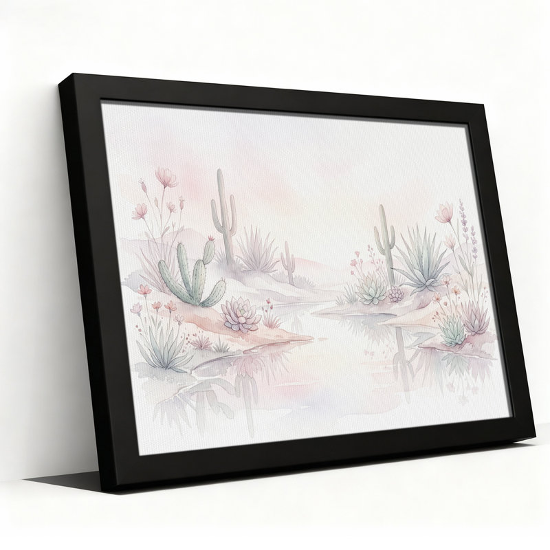 Tableau sur toile aquarelle pastel représentant un cactus et des plantes succulentes., H 12 po x l 18 po