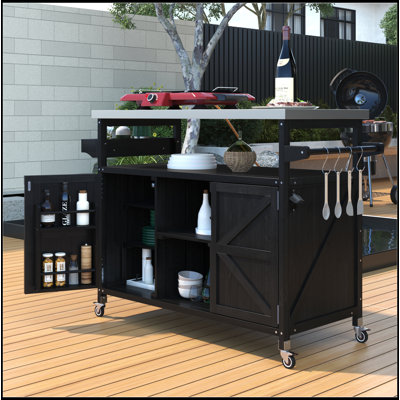 Outdoor Kitchen Island Grill Cart With Stainless Steel Top, Solid Wood Rolling Bar Cart With Storage