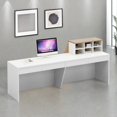 Priyaka Rectangular Reception Desk, Double Computer Desk with Hidden Drawers and Desktop Storage, Modern Office Furniture
