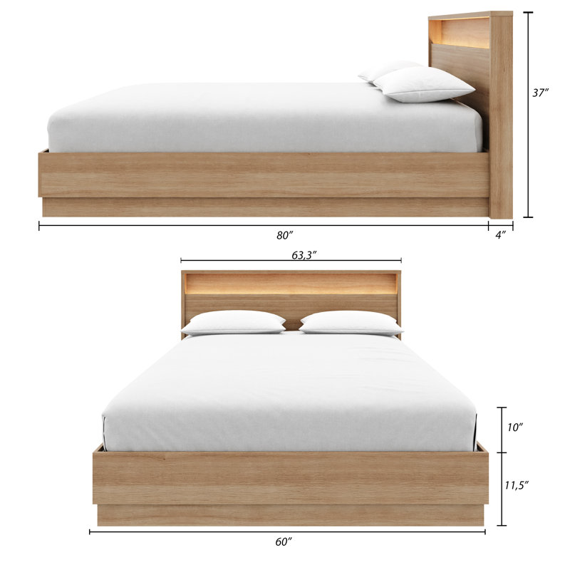 Harlow Queen Size Slatted Bedframe and Headboard with Integrated Light, Brown