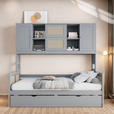 Wooden Daybed With Trundle, All-in-one Cabinet And Shelves And Rattan Decoration by Bayou Breeze