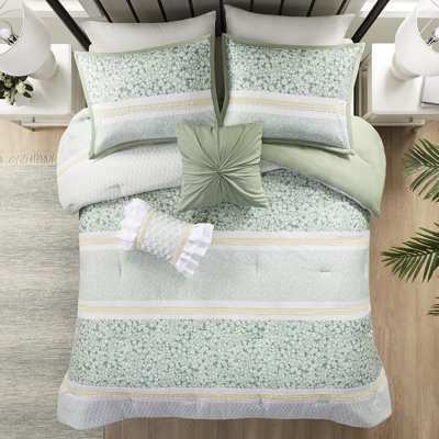 Ensemble d'édredon 5 pièces en seersucker double / grand lit - Motif floral et botanique à motif de chambre à coucher chic 2 coussins décoratifs Literie lavable à la machine avec imprimé 100% floral / botanique