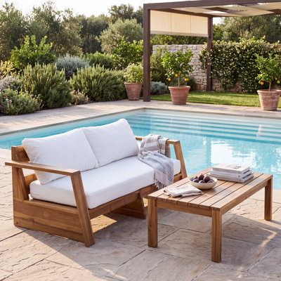 Veda 2-Person Modern Outdoor Conversation Set with Natural Solid Acacia Wood Frame & Plush Cushions