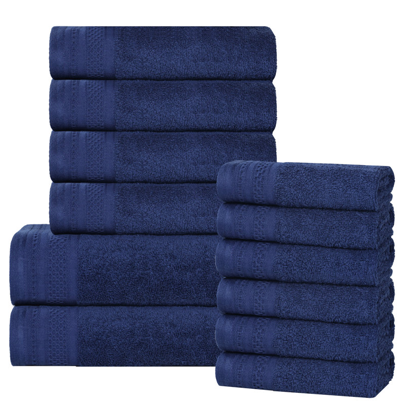 Josann 12 Piece 100% Cotton Honeycomb Jacquard & Solid Bath Towel Set, Navy Peony