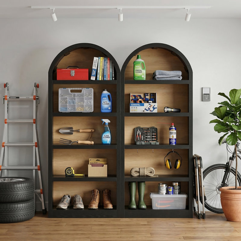 Set of 2 Freestanding Tall Storage Cabinets with 5-Tier Open Shelves, Charcoal Black/Natural, Black