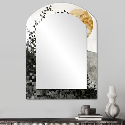 Fleur d'été en mosaïque sur un désert gris I - miroir mural décoratif asymétrique couronne, miroir arqué traditionnel, impression d'art en métal