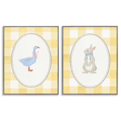 Goose & Bunny Yellow Gingham 2pc Framed Giclee Set, design by The Paper Curator