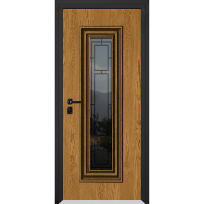 Front Exterior Prehung Steel Door / Ballucio 6644 Natural Oak / Entry Metal Modern Painted W36" x H80" Right hand Inswing