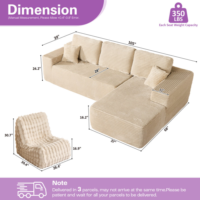 Canapé-lit modulaire Coza, canapé convertible avec fauteuil à billes pour le salon, Orienté à droite, Beige