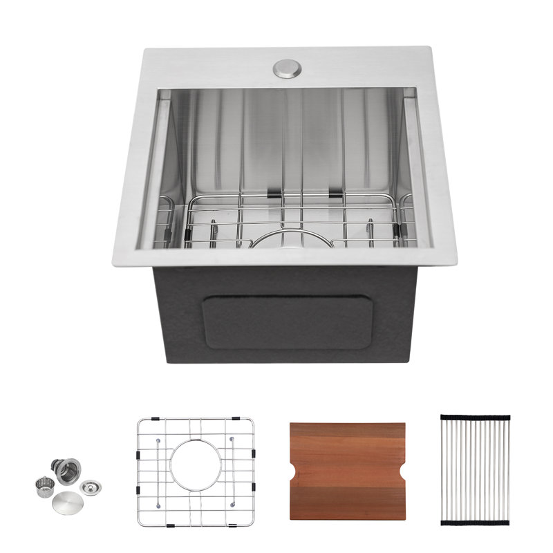 Évier de cuisine encastré 15 po - évier de cuisine 15 po x 15 po x 9 po en acier inoxydable avec station de travail de calibre 16 et évier de cuisine à cuve simple encastrable