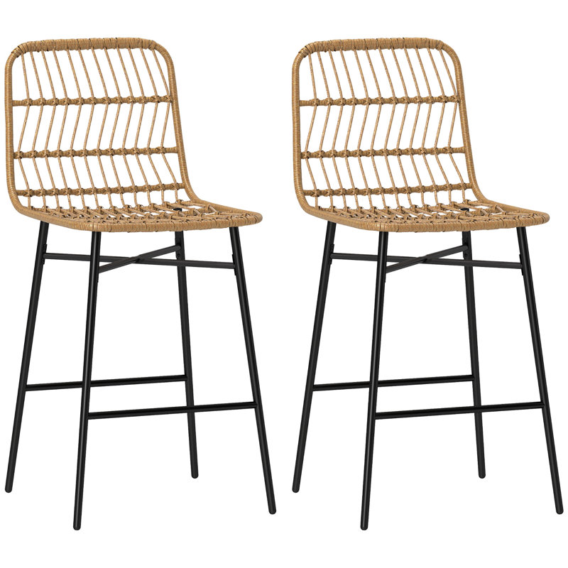 Rattan Counter Height Bar Stools Set of 2 Barstools with Back, Brown