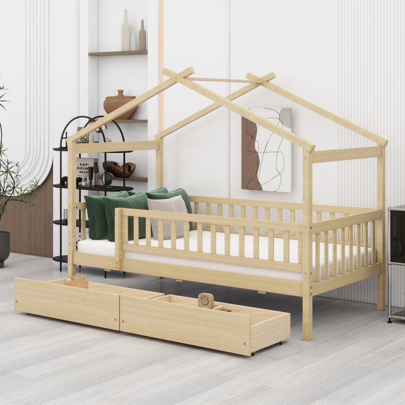 Lit en bois avec deux tiroirs, Naturel