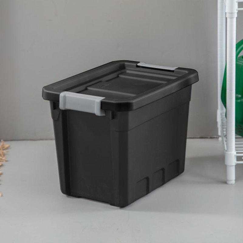 Sterilite Rugged Industrial Stackable Storage Tote w/ Lid, Black, 7.2'' H x 12.6'' W x 18'' D