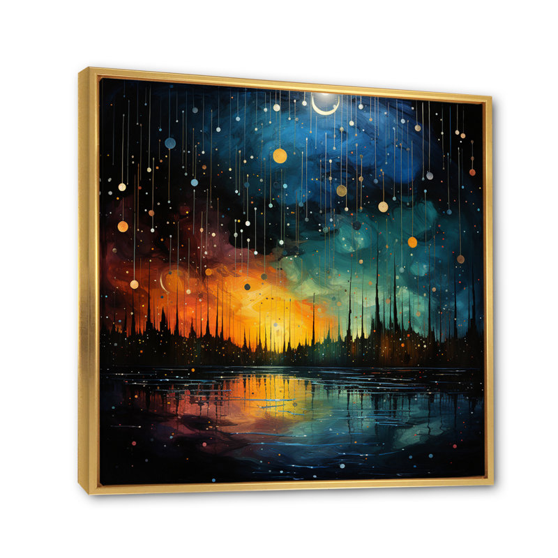 Meteors Celestial And Pointillism I - Asteroids Canvas Print, H 16 po x l 16 po x P 1 po, Cadre flottant doré